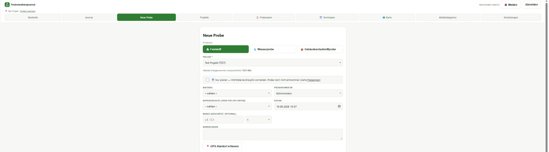 Erfassungsmaske „Neue Probe“ im Probenjournal mit Auswahl der Probenart (Feststoff, Wasserprobe, Gebäudeschadstoffprobe), Material, Beprobungsort und GPS-Standort-Erfassung