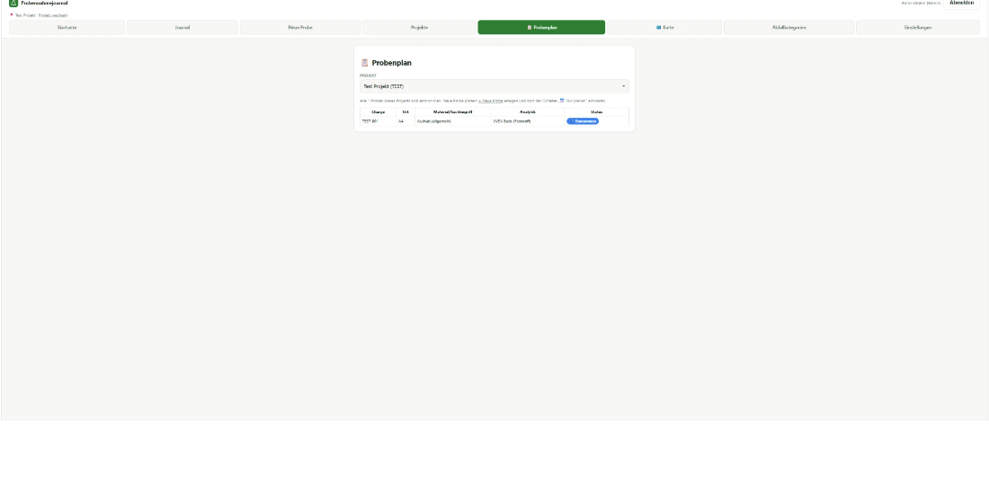 Probenplan im Probenjournal mit Charge, Ort, Material, Analytik und Status einer entnommenen Probe